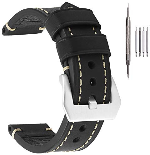 EACHE Black Leather Watch Straps, Crazy Horse Genuine Leather Watch Straps 22mm, Thick Leather Watch Band with Silver Buckle