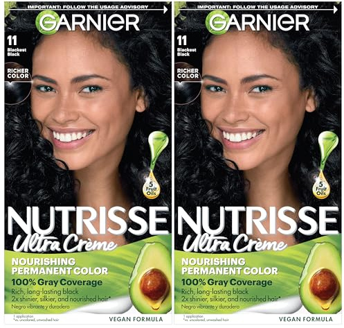 Garnier Nutrisse Ultra Crème Hair Color, Permanent Hair Dye with 100% Gray Coverage, Vegan & Cruelty-Free, 11 Blackest Black (Peppercorn), 2 Count