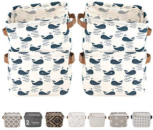 LessMo 4 Pack Storage Baskets, Collapsible Mini Storage Boxes, Canvas Fabric Waterproof Storage Bins made from Cotton and Linen, for Toys, Bathroom, Closets, Playroom (WHALE, Thin/waterproof)
