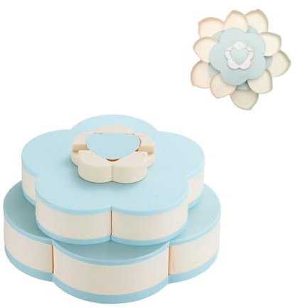 Ygapuzi Double Deck Snack Box Blumenförmige rotierende Süßigkeiten Servierbehälter mit Telefonhalter, 10 Grid Creative Snacks Aufbewahrungstablett für Trockenfrüchte, Nüsse, Pommes, Oliven (Blau)