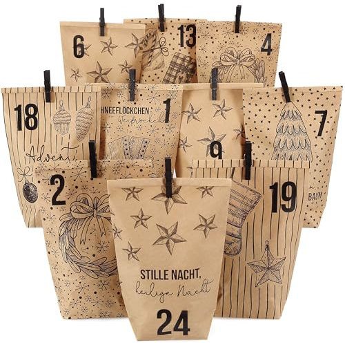 Stravagante calendario dell'avvento da riempire - con 24 sacchetti regalo marroni e 24 numeri adesivi e clip - motivo natalizio - per creare e regalare - Natale & Avvento