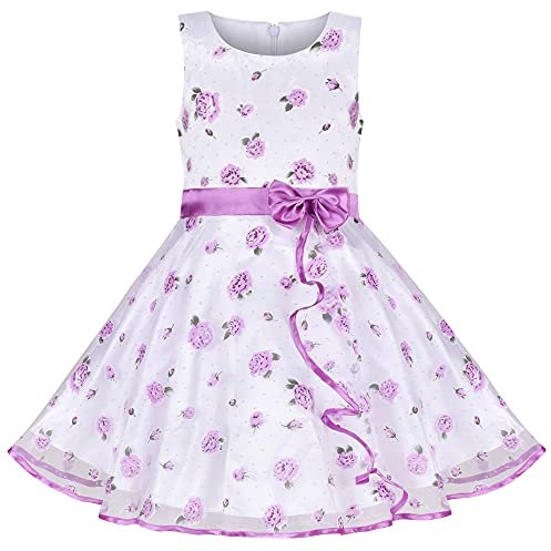 Sunny Fashion Robe Fille Pourpre Ruban Ébouriffer Floral Rose Bourgeon sans Manches 9-10 Ans