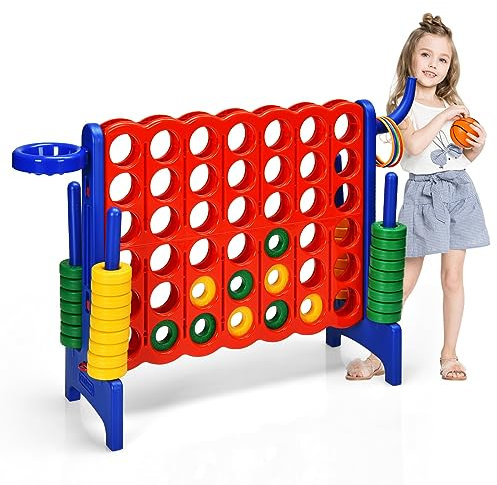 COSTWAY Riesiges 4 Gewinnt Spielset mit Basketballkorb und Wurfspiel, inkl. 42 Jumbo Ringen und Schieberegler zum schnellen Neustart, Vier in Einer Reihe Spiel groß (Rot + Blau)