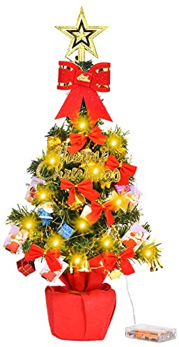 DUOJIN Árbol de Navidad Artificial con Guirnalda Luminosa LED, 55 cm, Mini Árbol de Navidad, con Base y Adornos, Decoración de Navidad para Mesa, Fiesta de Navidad