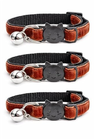 Velvet Cat Collars with Bell. Safe Breakaway Quick Release Buckle. Available in Cat & Kitten Size (Pack of 3) (Cat Collar (20cm - 30cm), Brown Velvet (Pack of 3))
