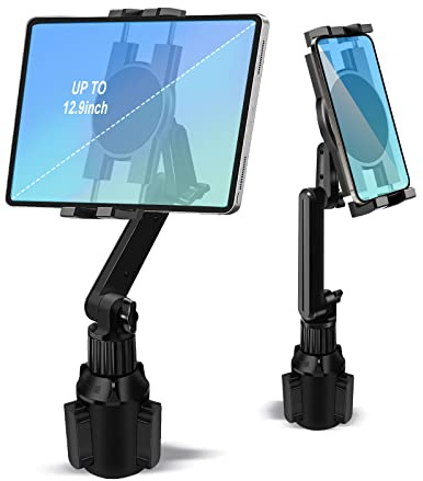 Cup Holder Car Tablet Mount for Truck, 360° Adjustable 15 Long 2-Arm Stand Holder for iPad Pro 12.9/11/10.5/9.7/Air/Mini 6/5/4, Galaxy Tab/Z Fold 6/5/4, iPhone 17/16/Pro, 4.7-12.9 Tab &Phone