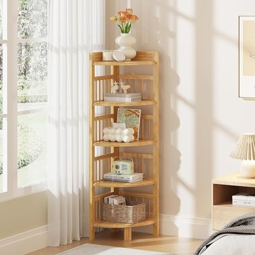 Dripex Bamboo Storage Shelf, 5 Tier Corner shelves, Bookcases Free Standing for Living Room, Bedroom, Bathroom, Balcony or Office