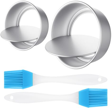 COACOM 2 Moldes Redondos para Tartas con Base Extraíble, 2 Cepillos de Silicona, Herramientas de Horneado de Aluminio para Fiestas de Cumpleaños y Bodas