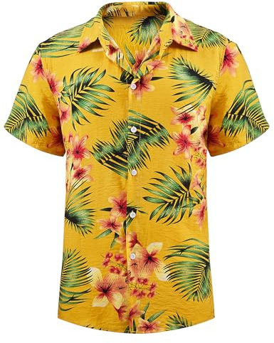 Yuson Girl Camisa Hawaiana Hombre Funky Camisa Hawaiana Manga Corta Camisas Verano Camisa Estampada Aloha con Botones Vacaciones de Impreso Playa Camisa Informal de Hawaii(Amarillo-2, XXL)
