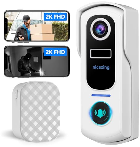 nicezing Türklingel mit Kamera, 2K/4MP Video Türklingel mit Gong, WLAN Kabellose Klingel mit Kamera, Mensch Erkennung, Nachtsicht, Unterstützt SD & Cloud Speicher, IP67 (Weiß)