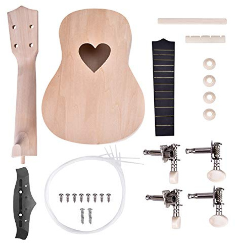 flexman 4-strängad ukulele, 28 st Bygg din egen ukelele DIY Kit, 21 Basswood DIY Ukulele Kit för barn Vänner Familj Amatör (Hjärtformad)