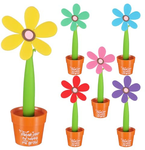 Sayglossy 6 Pcs Teacher Gifts Flower Ballpoint Pens with Plant Pot Thank You for Helping Me Grow Sunflower Pens Stand on Desk Cute Design Colorful for Teachers Day Appreciation Gifts (Classic styles)