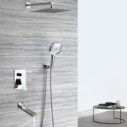 Douche thermostatique, pommeau de douche, mitigeur encastré, 3 fonctions, douche à effet pluie, 30 x 30 cm, mitigeur encastré, montage mural, chromé