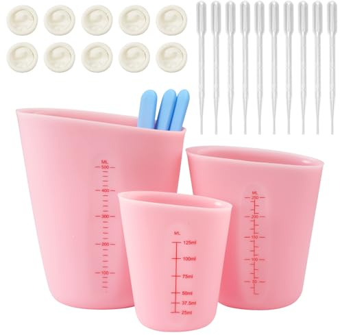 3 Pezzi Misurini In Silicone Per Resina 125ML / 250ML / 500ML Misurino In Silicone, Misurino Graduato, Misurini In Resina Epossidica Rosa Con Barra Di Agitazione, Contagocce Per Le Dita