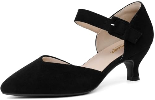 RIBONGZ Black Comfortable Kitten Heels Suede Prom Low Heels for Women Closed Pointed Toe Slip on Ankle Strap Buckle Pumps Church Wedding Bridal Party Dressy Shoes 6