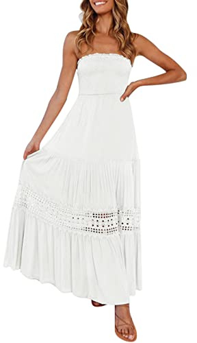 Robe bustier bandeau pour femme - Robe d'été longue bohème sans manches - Robe de soirée avec imprimé - Couleur unie - Taille haute - Avec maille - Robe de plage rétro décontractée - Robe tunique