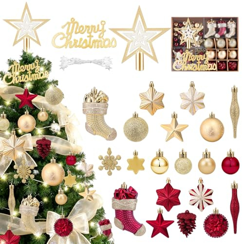 Charmofun Palline di Natale con LED luci, Set di 70 Decorazioni Albero di Natale, Odecorazioni Palline Natalizie Infrangibili Plastica Con Gancio, Addobbi E Decorazioni (Rosso e oro)