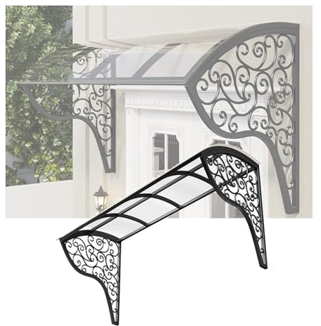 Tenda da esterno in policarbonato per porta d'ingresso, garage, balcone e finestra, telaio in ferro nero, 120 x 60 cm, resistente alle intemperie