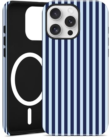 Jusy magnetiskt randigt fodral för iPhone 13/14, djupblå | Aesthetic Striped sommarmönster mobilskal, kompatibel med MagSafe, tvåskikts stötdämpning