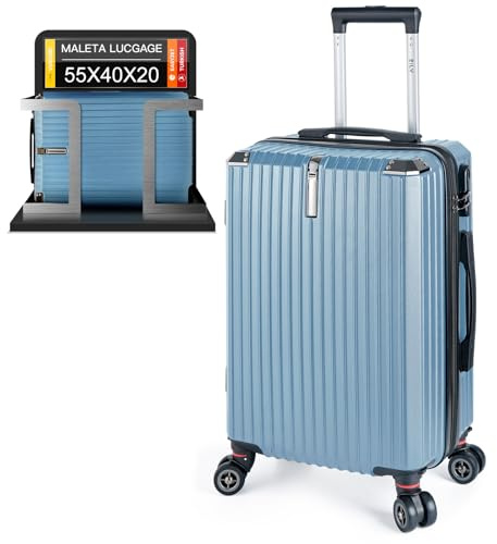 Artebeads Maleta de Cabina 55x35x23 cm, Maleta de Mano Rígida PP con Ruedas 360° Desmontables, Gancho Lateral Práctico y Cierre de Combinación, Ligera y Resistente, Azul Gris