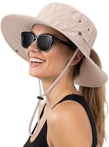 Lonya Cappello Sole Donna Estivo con Foro per Codino Protezione UV Cappelli Tesa Larga Safari Mare Trekking Uomo Cappello Pescatore,B-Grigio Chiaro