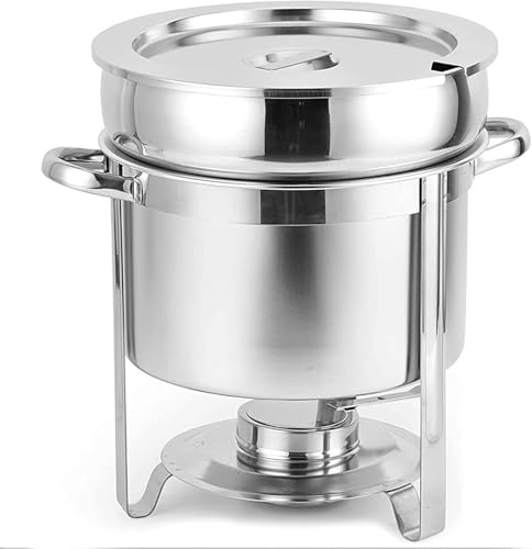Plato de acero inoxidable, olla redonda para sopa, calentador de alimentos, juego de buffet con bandeja de agua, marco, soporte de combustible y tapa para eventos y fiestas