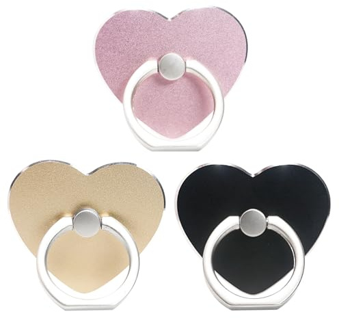 URYVAIW Anello cellulare adesivo cuore, Set di 3 (Oro, Nero, Rosa), Anello per cellulare rotativo 360°, Supporto per smartphone