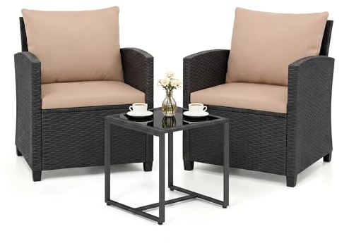 GIANTEX Set da Giardino 3 Pezzi, Set Salotto Esterno per 2 Persone, 2 Poltrone con Cuscini + 1 Tavolino con Piano in Vetro, Mobili da Esterno per Balcone, Terrazza, Cortile (Nero+Marrone)