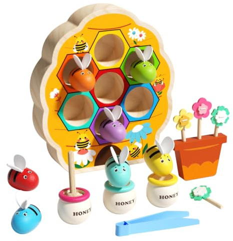 edutree Montessori Wooden Bee Sorting Toy for Toddlers, Colour Matching Fine Motor Skills Game with Beehive, Honey Jars, Flowers & Tweezers, Preschool Learning Gift for Boys Girls Age 2 3 4