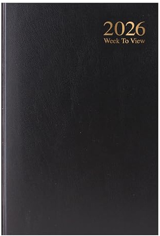 2026 A5 Week to View Diary Black Hardback Weekly Planner with Ribbon Marker for Business Office School & Personal Organisation