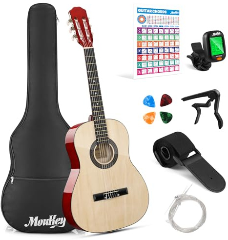 Moukey Guitarra Acústica 36 Pulgadas para Principiantes, Niños y Jóvenes, guitarra de viaje Dreadnought 3/4 con funda, afinador, púas, cuerdas nylon, cejilla, correa y póster de acordes Natural