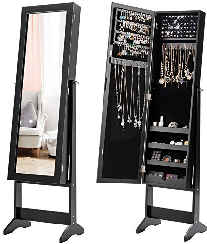 COSTWAY Armoire à bijoux sur Pied avec Miroir Psyché Coffre à Bijoux, Armoire de Rangement Cosmétiques,3 Positions Réglables, Installation Facile, Style Nordique, Noir