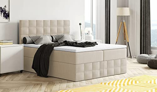 Generisch Moderne Boxspringbett MERA Premium Bett mit Bettkasten Ziernähten Bonell Matratze H3 Federkern Topper Polsterbett Doppelbett Schlafzimmer (Beige - Aura 01, 180 x 200)