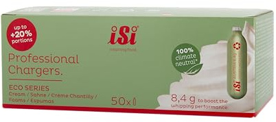 iSi Eco Professional Chargers N2O Sahnekapseln für Sahnespender, 50 Stück, 8,4g reines N2O, exakt abgewogen, 100% klimaneutrale N2O Kapseln aus europäischem Stahl, TÜV zertifiziert