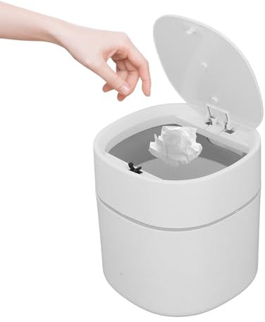 Tissting Tischmülleimer mit Deckel, 1,5L 14 x 13 cm Kleine Kunststoff Tischabfalleimer Weiß Desktop Make Up Abfalleimer Mini Mülleimer Kosmetikeimer für Badezimmer, Schlafzimmer