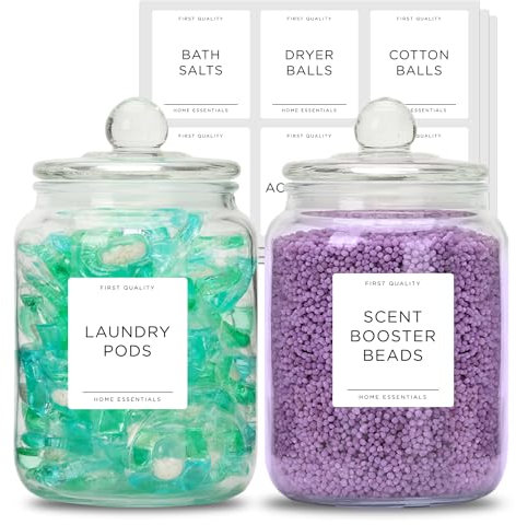 Joyfulmap 2 Large Glass Laundry Jars with Airtight Lids, 2000ml Capacity, Clear, Rectangular, Storage Jars for Laundry Room Organization and Kitchen Storage