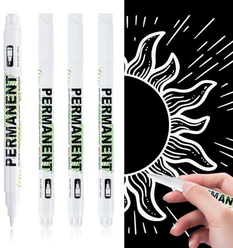 4 Pezzi Pennarello Indelebile Bianco Punta Fine 1mm, Penna Bianca Pennarello Marker, Ideali per Disegno su Album Fotografici, Creazione Biglietti d'Auguri, Utilizzabili su Plastica Vetro Metallo Legno