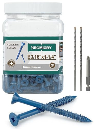 HROMIGRY Viti per calcestruzzo da 3/16 x 1-1/4 (200 pezzi) Tasselli per calcestruzzo a testa piatta da 3/16 con punte da trapano per muratura, cemento, stucco, mattoni e blocchi