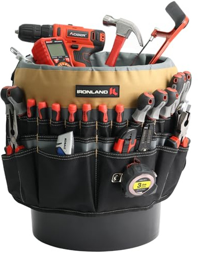 IRONLAND Bucket Tool Organizer Fit 3.5-5 Gallon Bucket, 51 Pockets, Bucket Tool Caddy Organization for Garden, Construction, Carpenter, Electrician, Builder KAH & Black