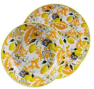 Servicio de platos de 18 piezas de porcelana con fantasía de limones de Sorrento – Juego compuesto por platos llanos, hondos y para dulces, ideal para cenas especiales y en familia – Juego de platos