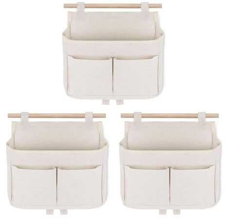 champracer 3 Stück Hängende Aufbewahrungstasche Hängend Hohe Kapazität Wand Organizer Hängend, 3 Fächer Leinen Stoff Organizer Hängend mit Haken für Kinderzimmer, Zuhause, Schlafsaal, Bad (Beige)