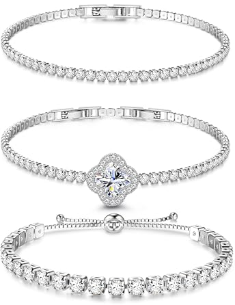 Dochais 3 Stück Tennis Armband Damen Silber Zirkonia Armbänder Diamant Armband Damen Armbänder Glitzer Tennisarmbänder Strass Kristalle Set für Frauen Mädchen Ehefrau Mutter Schmuck Geschenk C