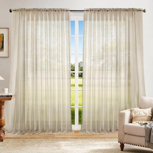 Dreaming Casa Solid Sheer Curtains 96 Inches Long Taupe Rod Pocket Voile Draperies for Bedroom Living Room, 2 Panels, Each 100 W x 96 L