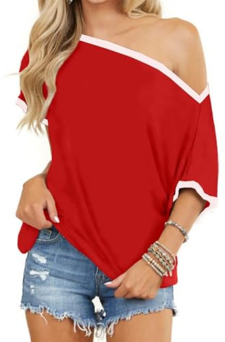LACOZY Women's Off Shoulder Color Block Tops Short Sleeve Casual Loose Batwing Shirts Oversized Blouse Tunic 2026 Red L