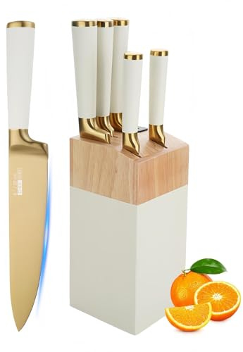 Justup Juego de cuchillos, juego de 6 cuchillos recubiertos de titanio con bloque de madera, juegos de cuchillos de chef de acero inoxidable afilados para cocina con afilador incorporado. (Blanco)