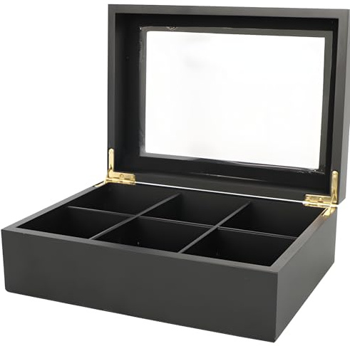 Vestamore Elegant svart te förvaringsbox, 6 fack med genomskinligt fönster, avtagbar avdelare för personalisering