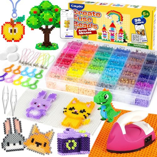 Caydo Fuse Beads Iron Kit with Design App & 200+ Patterns for Beginners, 10500pcs 36 Colors 5mm Iron Beads for Kids Kit, Customizable Melting Bead Kit for 5-12 Girls DIY Craft Gift | 10500pcs 36 Colors 5mm Iron Beads for Kids Kit, Customizable Melting Bead Kit for 5-12 Girls DIY Craft Gift