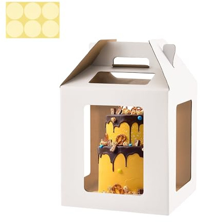 WINHPH Tall Cake Boxes 6 Windows with handle,12x12x12 Tall Cake Carrier, Tiered Cake Box, Square cake box,largeTake Out Transport Containers Ideal for 10 & 12 Tiered Cakes (1Pack-White)