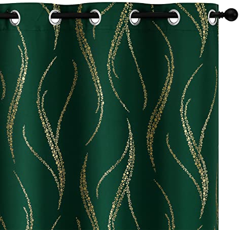 Yakamok Blackout Curtains 84 inch Length Living Room Thermal Insulated Gold Wave Line Dots Pattern Curtains Room Darkening Grommet Curtains for Bedroom, Emerald Green, W52 x L84-inch, 2 Panels