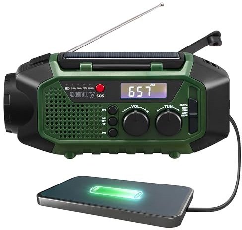 Camry Solar Radio with Crank FM/AM/SW, Emergency, Power Bank 4000 mAh, LED Torch, Bluetooth, LCD Display, Reading Lamp, SOS Signal, Dynamo